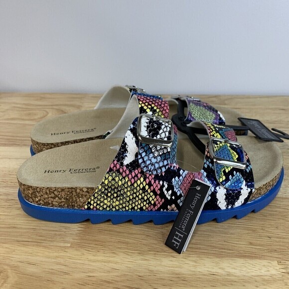 HENRY Ferrera Fabulous Sz 7 Womens Slide Snake Multicolor Design Sandals Buckle - Picture 3 of 10
